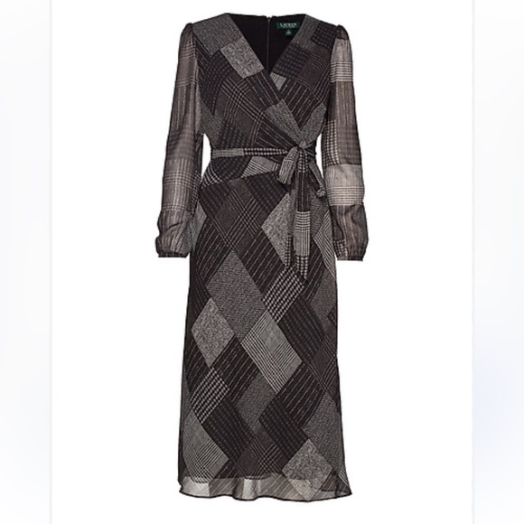 Lauren Ralph Lauren Plaid Wrap Midi Dress Size 12 Dark Academia Chic Patchwork - Picture 2 of 15